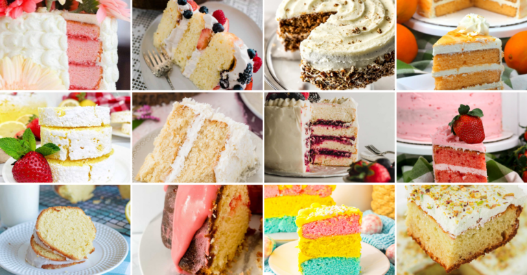 A collage of twelve different cakes, each slice showcasing varied layers, flavors, and colorful frostings—perfect inspiration for your spring cake recipes with fruit garnishes, creamy toppings, and vibrant decorations.
