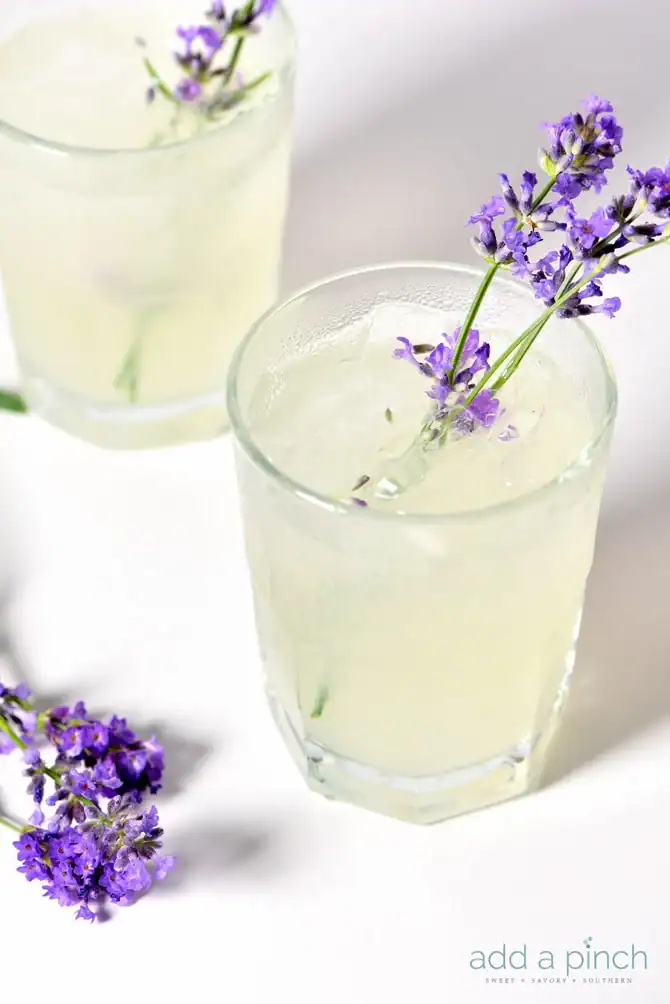 Two clear glasses filled with a pale yellow drink, each garnished with a sprig of purple lavender. Extra lavender sprigs are placed beside the glasses on a white surface.