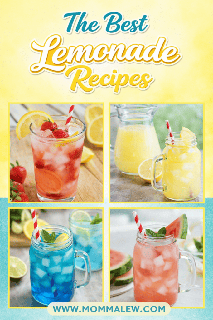 A collage features four colorful lemonade drinks: strawberry lemonade with fruit slices, classic lemonade in a pitcher, blue lemonade with lime and mint, and watermelon lemonade—all showcasing the Best Lemonade Recipes. Text reads The Best Lemonade Recipes.