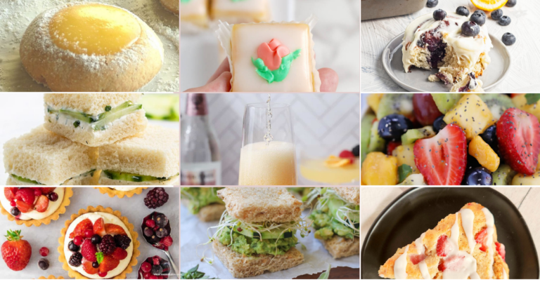 A collage of afternoon tea treats perfect for a Mother's Day brunch, featuring lemon thumbprint cookies, iced sugar cookies, scones with berries, cucumber and microgreen sandwiches, champagne, mixed fruit salad, berry tarts, and a fruit-topped cake slice.