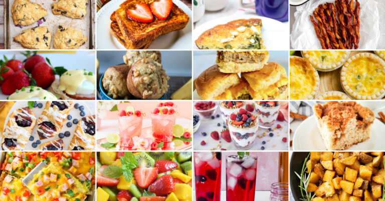 A collage of 16 colorful breakfast dishes, perfect for a Mother’s Day brunch—featuring scones, French toast, omelette, bacon, eggs Benedict, muffins, casserole, egg cups, pastries, fruit drinks, parfaits, coffee cake, fruit salad, and croutons.