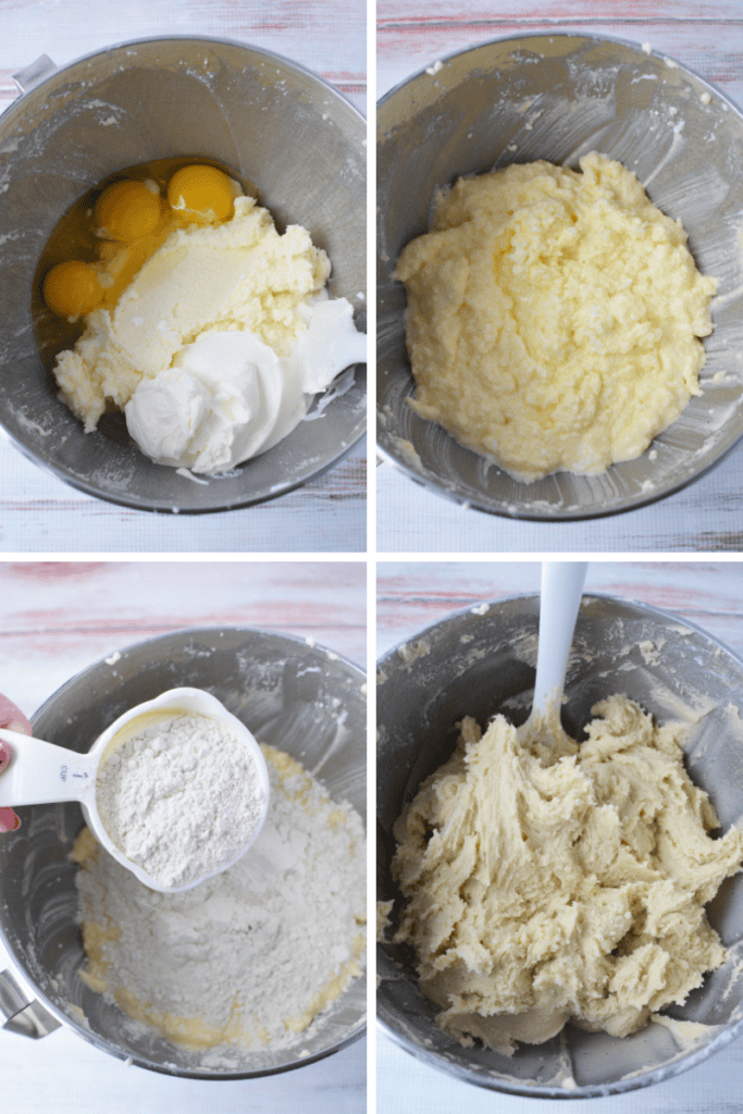 Four-step collage showing Beach sugar cookies dough being made in a mixing bowl: eggs and cream added to creamed butter and sugar, mixture blended, flour added, and final thick dough stirred together.