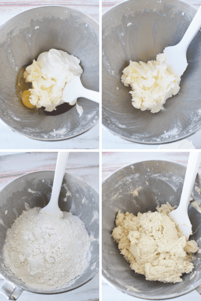 Four photos show the stages of making dough for fish sugar cookies in a metal bowl: adding ingredients, mixing wet ingredients, adding flour, and combining everything into a thick dough with a white spatula.