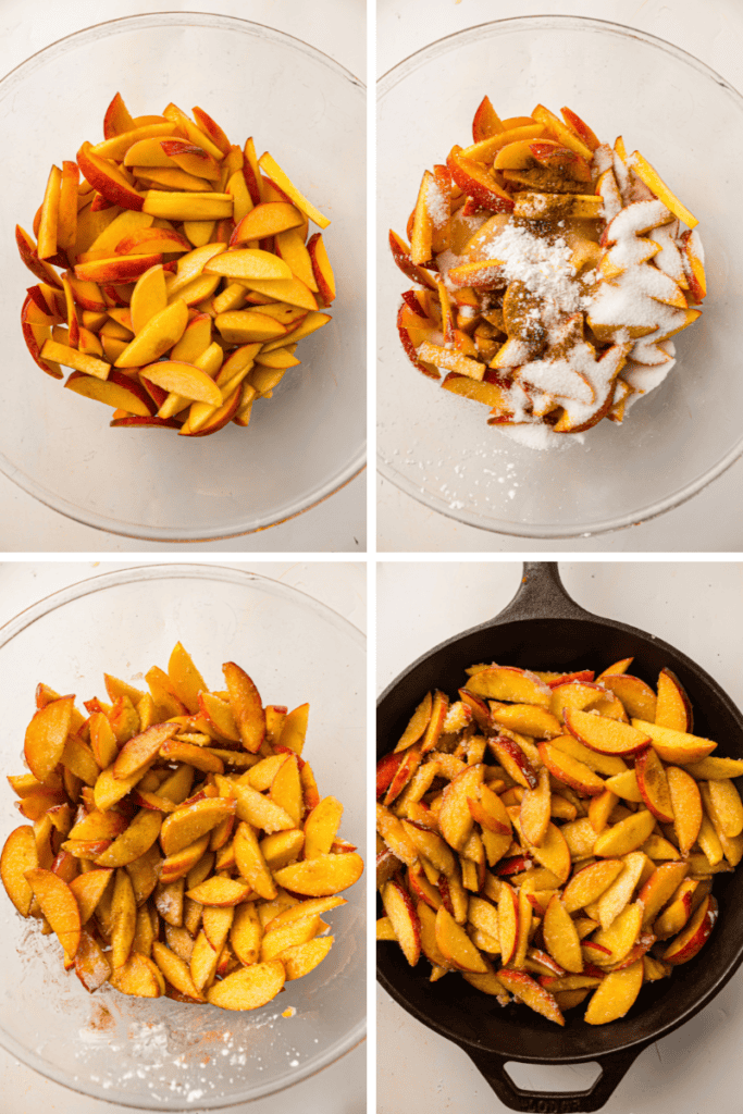 Four images showing the steps of a peach cobbler recipe: sliced peaches in a bowl, peaches with sugar and spices, mixed peaches, and peaches arranged in a cast iron skillet.