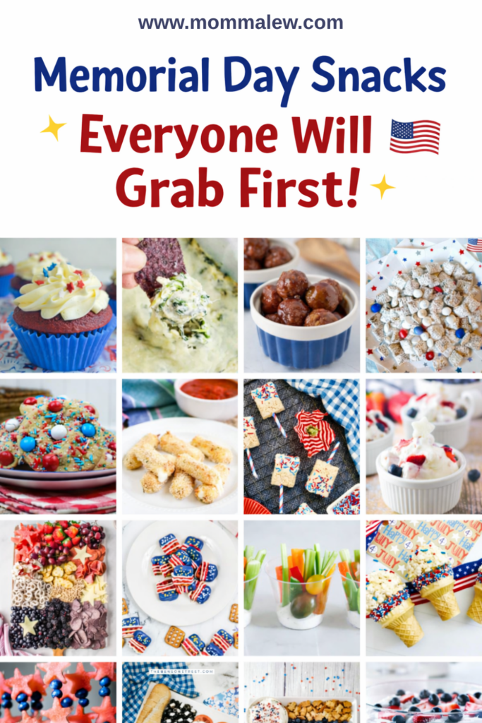 A collage of colorful Memorial Day snacks, including cupcakes, dips, meatballs, snack mixes, fruit, cookies, and desserts with patriotic red, white, and blue decorations—perfect party treats to celebrate with festive Memorial Day snacks.