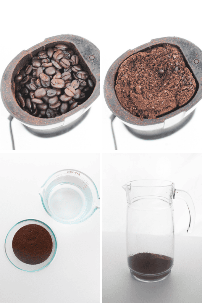 Four images: whole coffee beans in a grinder, ground coffee in the same grinder, a bowl of ground coffee next to a measuring cup of water, and a glass pitcher with water and grounds—perfect for your cold brew recipe.