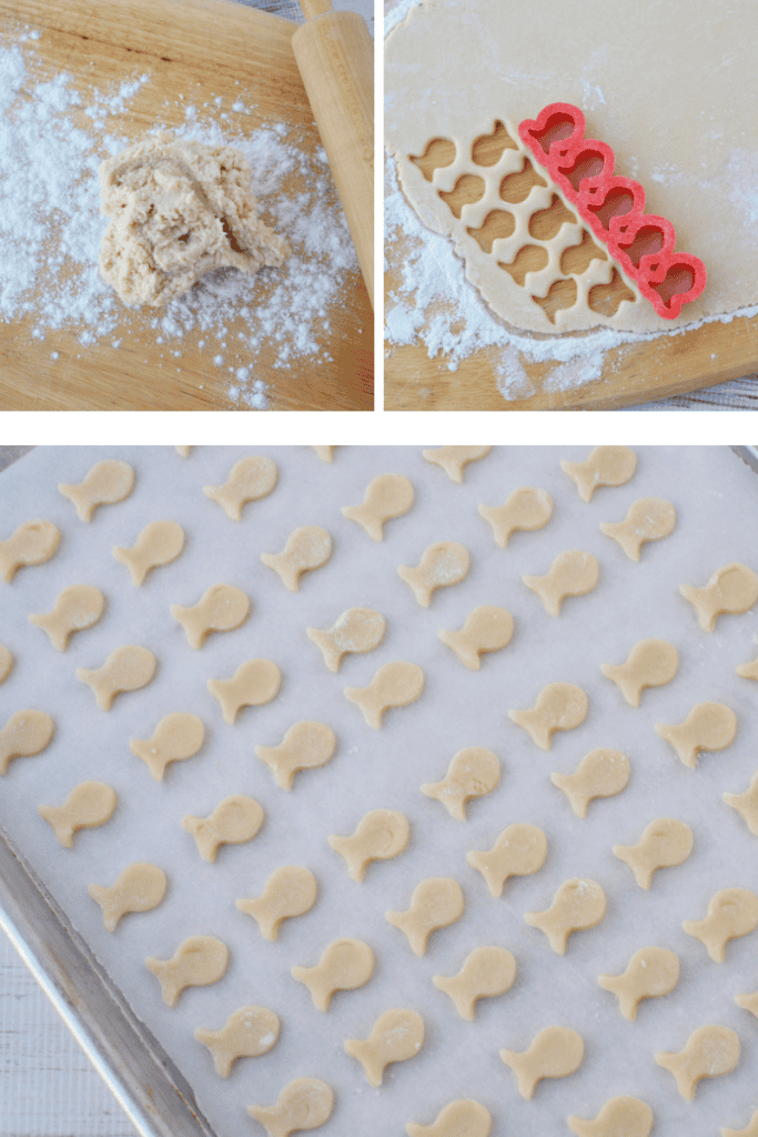 A collage showing cookie dough being rolled out, fish-shaped cookies being cut with a red cutter, and a baking tray lined with parchment paper holding rows of unbaked fish sugar cookies.