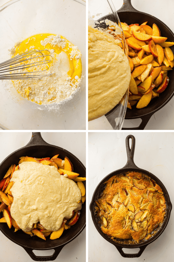 Four-step collage showing a peach cobbler recipe: mixing batter in a bowl, pouring batter over sliced peaches, batter-covered peaches in a cast iron skillet, and the finished baked cobbler in the skillet.