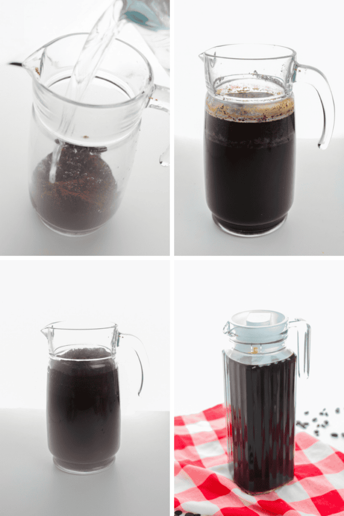 Four-panel image showing a cold brew recipe: pouring water over coffee grounds, steeping the mixture, letting it sit, and the finished cold brew in a jar on a red-and-white checkered cloth.