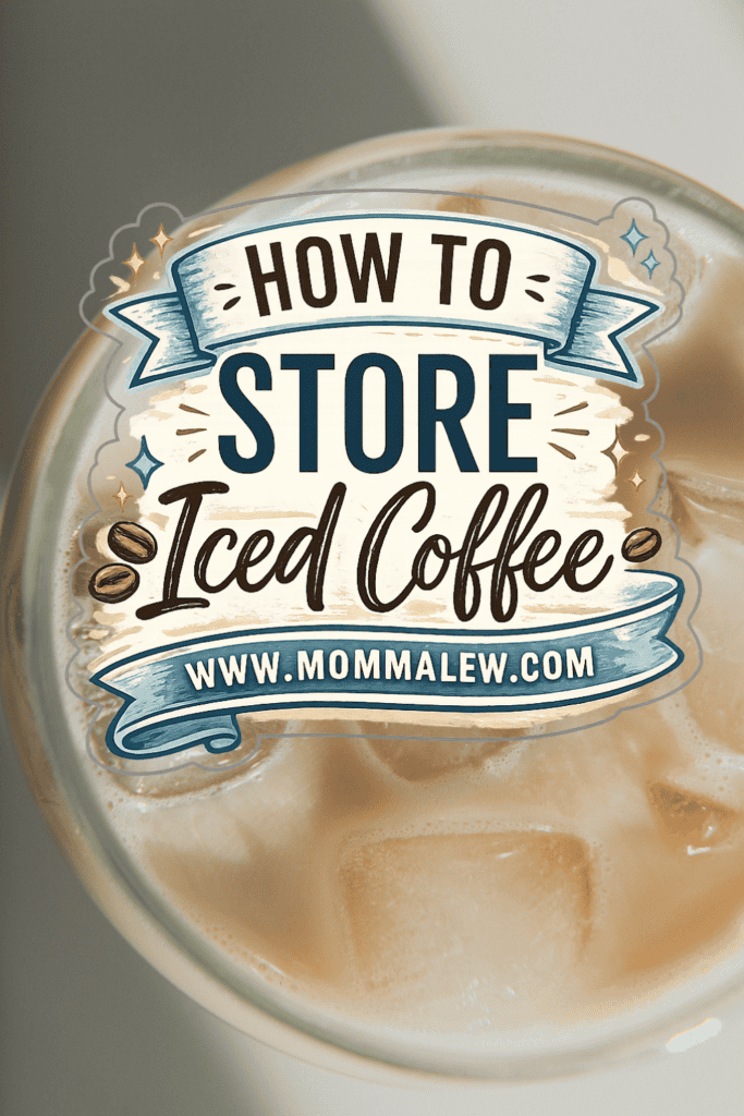 A close-up of a glass of iced coffee with large ice cubes, overlaid with illustrated text reading How to store iced coffee and the website www.mommaleew.com.