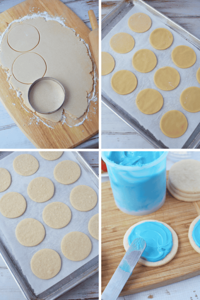 A four-step collage showing Beach sugar cookie dough being cut into circles, placed on a baking tray, baked cookies on a tray, and a cookie being frosted with blue icing using a spatula.