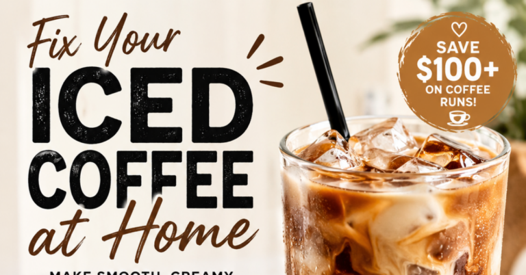 A glass of iced coffee with a straw sits next to bold text that reads, “Fix Your Iced Coffee at Home.” A circular badge advertises, “Save $100+ on coffee runs!” The background is light and neutral.
