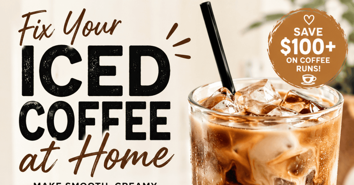 A glass of iced coffee with a straw sits next to bold text that reads, “Fix Your Iced Coffee at Home.” A circular badge advertises, “Save $100+ on coffee runs!” The background is light and neutral.