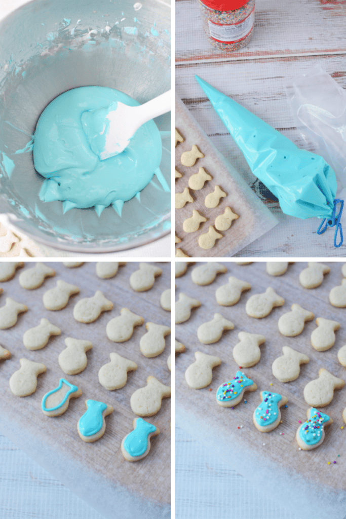 Four images show the process of decorating fish sugar cookies: mixing blue icing, filling a piping bag, outlining cookies with icing, and adding sprinkles to the decorated cookies on a baking sheet.