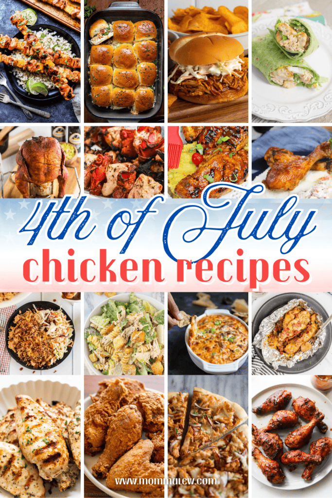A collage of grilled, fried, baked chicken dishes, sandwiches, and salads celebrates 4th of July Chicken Recipes in the center, set on a white background with festive star accents.