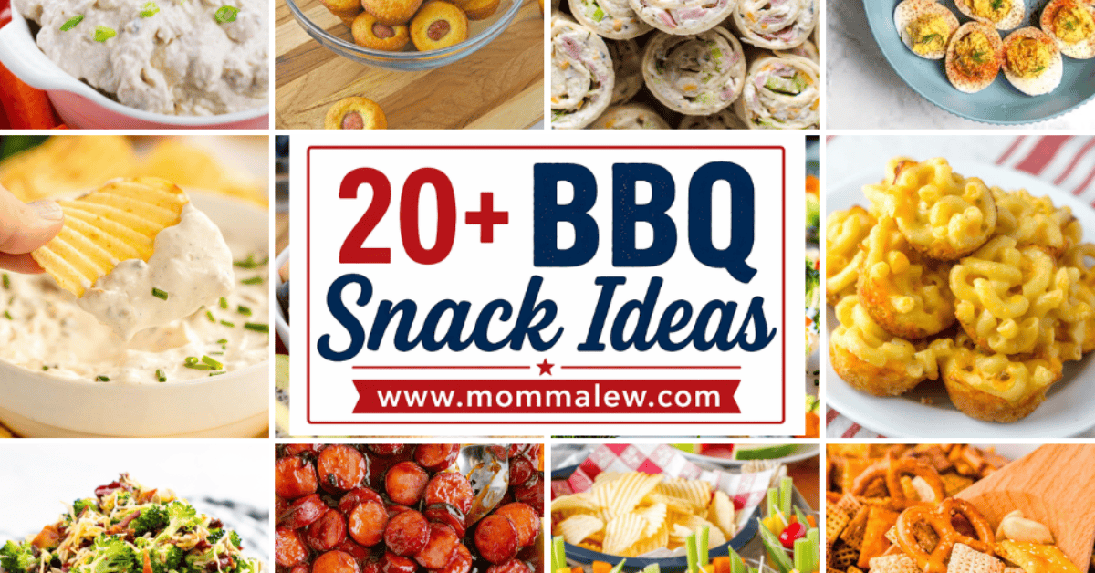 A collage of tasty BBQ snacks—dip, deviled eggs, pinwheels, macaroni bites, salads, and chips—with “20+ BBQ Snack Ideas” in the center on a white and red background. Discover your next favorite at www.mommalew.com!.