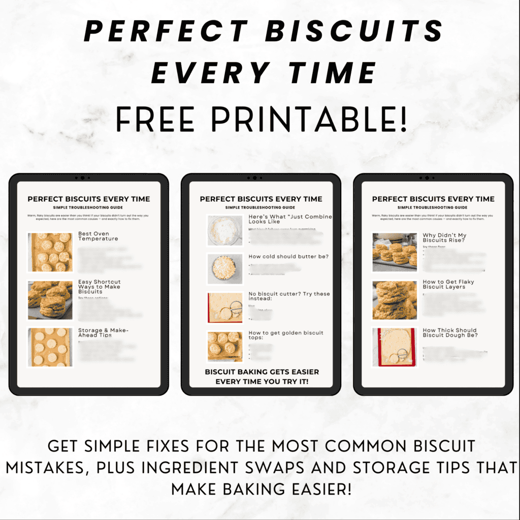 Image showing a Perfect Biscuits Every Time Free Printable! with three tablet screens displaying biscuit baking tips, fixes for common mistakes, and guides for golden biscuits; text highlights advice and storage tips for easier baking.