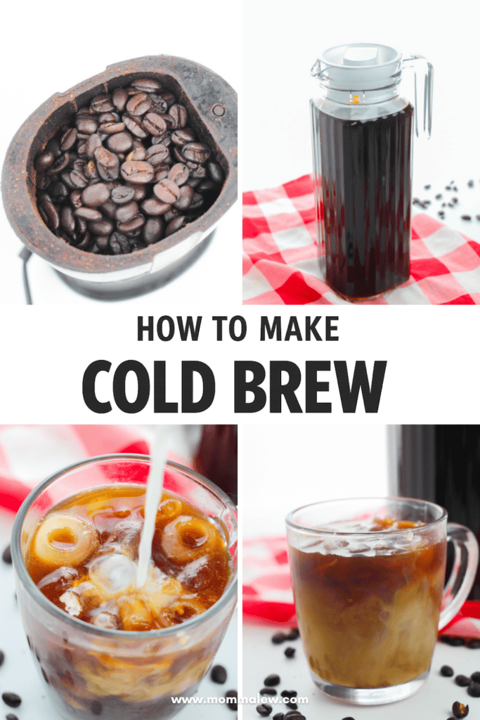 A collage showing coffee beans in a grinder, a pitcher of cold brew, and two glasses of iced coffee with milk being poured in, with text reading “How to Make Cold Brew Recipe” over a white background.