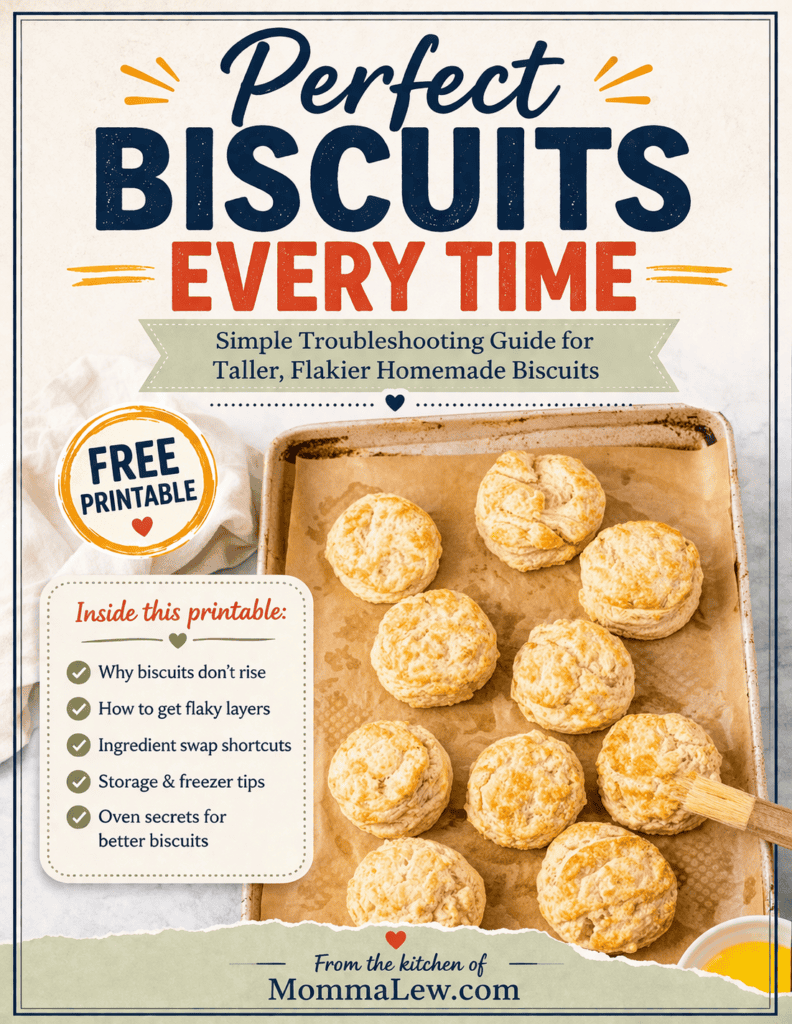 A baking tray with golden, flaky biscuits rests on parchment paper. Text advertises a free printable troubleshooting guide for homemade biscuits, offering tips for taller, flakier results, storage, and secrets for better biscuits.