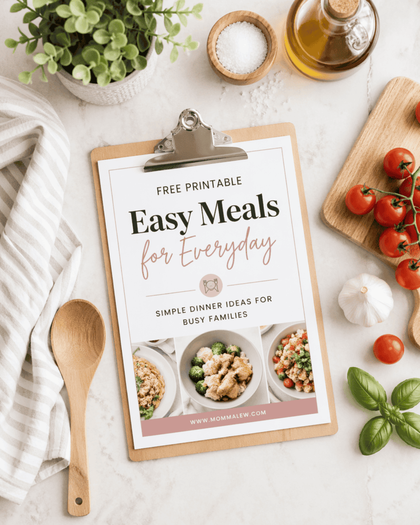 A clipboard on a marble countertop displays Momma Lew’s printable titled “Easy Meals for Everyday—Simple Dinner Ideas for Busy Families.” Surrounding items include a wooden spoon, olive oil, tomatoes, garlic, basil, and a potted plant.