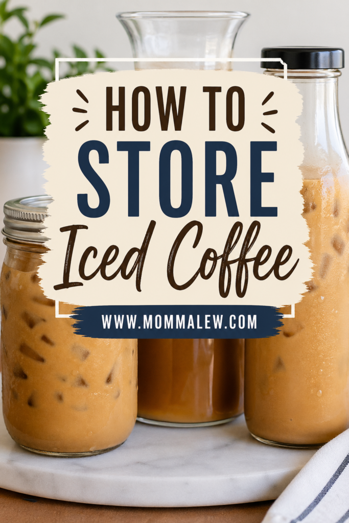 Three glass jars and a carafe filled with iced coffee sit on a table. A large sign in front reads How to Store Iced Coffee with the website www.mommalew.com underneath.