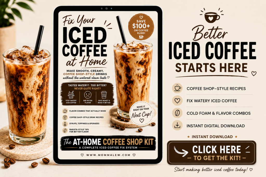 Two glasses of iced coffee sit on a table beside a digital tablet displaying an ad for Iced Coffee Recipes. Icons highlight recipes, fixing watery coffee, and a button to order the kit. Text reads: Better Iced Coffee Starts Here.
