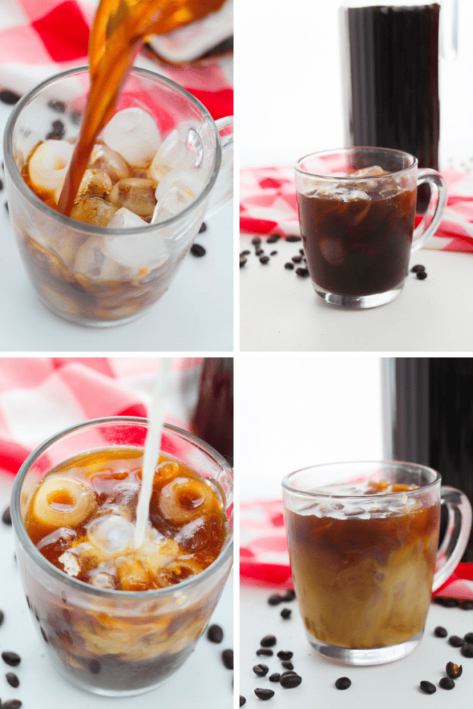 A four-panel image shows the cold brew recipe process: pouring coffee over ice, a glass of black iced coffee, adding milk, and the final iced coffee with milk swirling inside. Coffee beans and a red cloth are in the background.