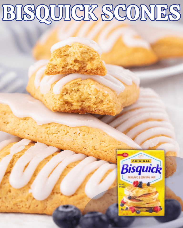 Three golden Bisquick scones topped with white icing are stacked, one broken open to show its texture. A Bisquick mix box and some blueberries sit in the foreground. BISQUICK SCONES is written at the top.
