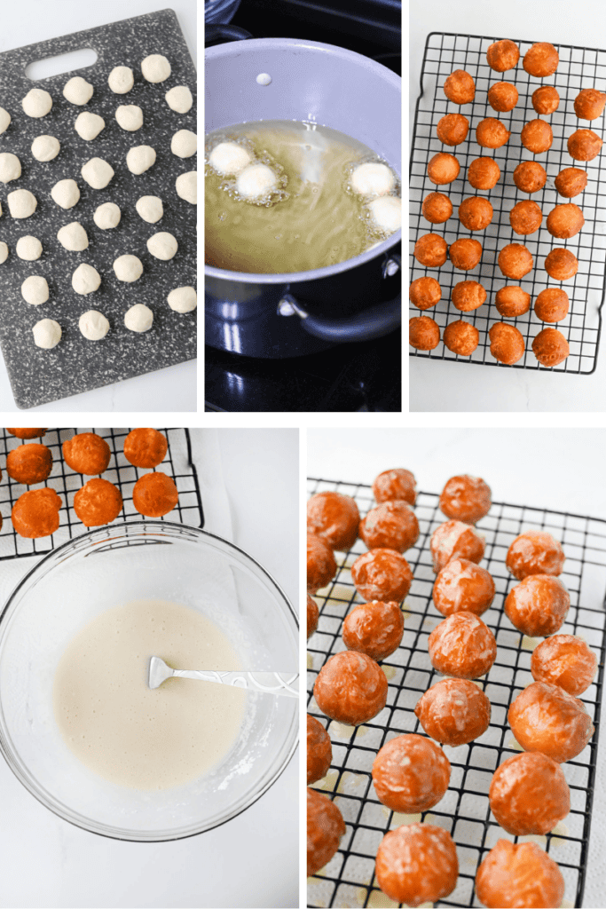 Five images show the process of making Homemade Donut Holes with Biscuits: dough balls on a board, frying in oil, cooling on racks, a bowl of white glaze with a spoon, and glazed donut holes on a rack.