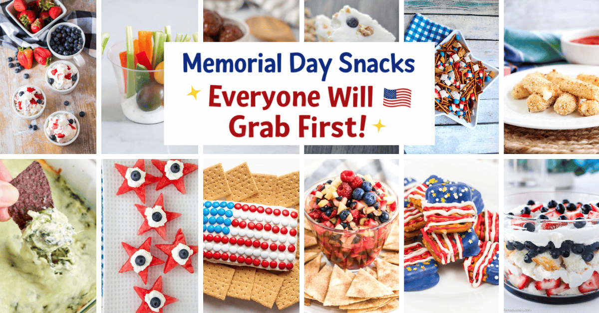 A collage of colorful Memorial Day snacks, like berry parfaits, veggie sticks, patriotic-themed desserts, fresh dips, and festive berry dishes surrounds a central text: Memorial Day Snacks Everyone Will Grab First!.