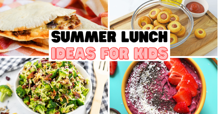 A collage featuring four Summer Lunch Ideas Kids will love: a pita sandwich, mini corndogs, broccoli salad, and a smoothie bowl topped with fruit and seeds. In the center, bold text reads Summer Lunch Ideas for Kids.