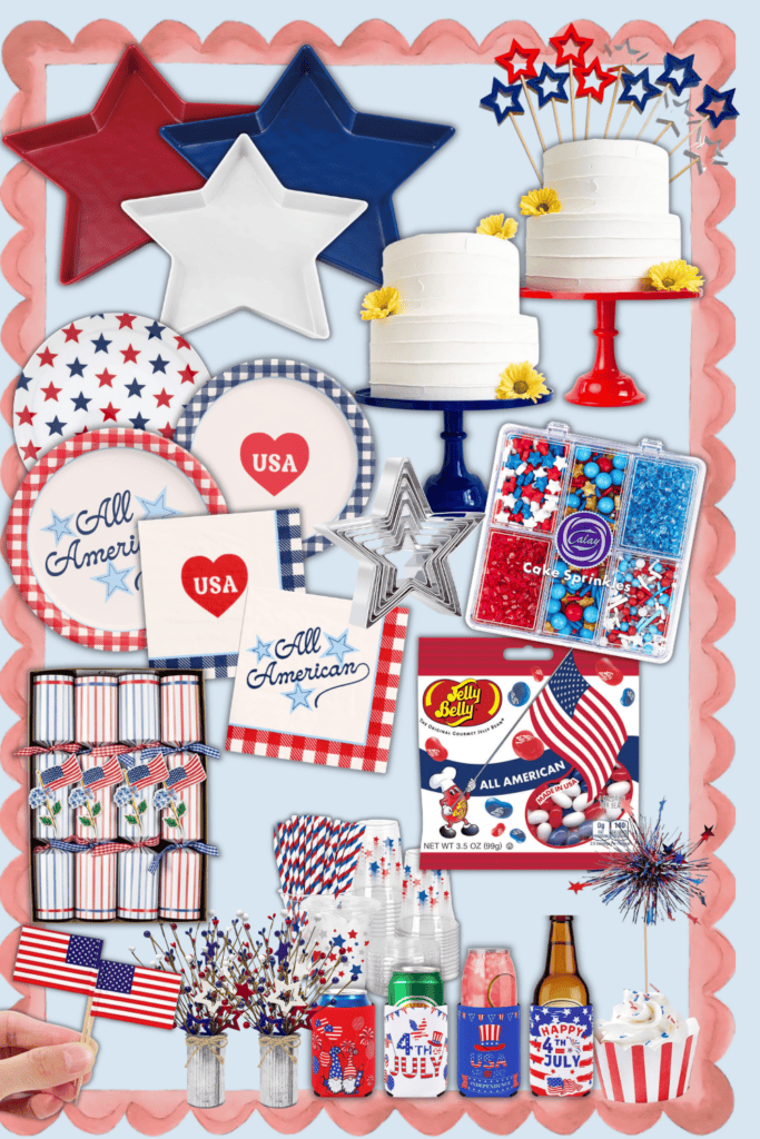 A collection of red, white, and blue Kitchen Favorites: star plates, cakes, napkins, candies, cups, drinks, flags, and patriotic decorations for an American celebration—all arranged on a scalloped pink border.