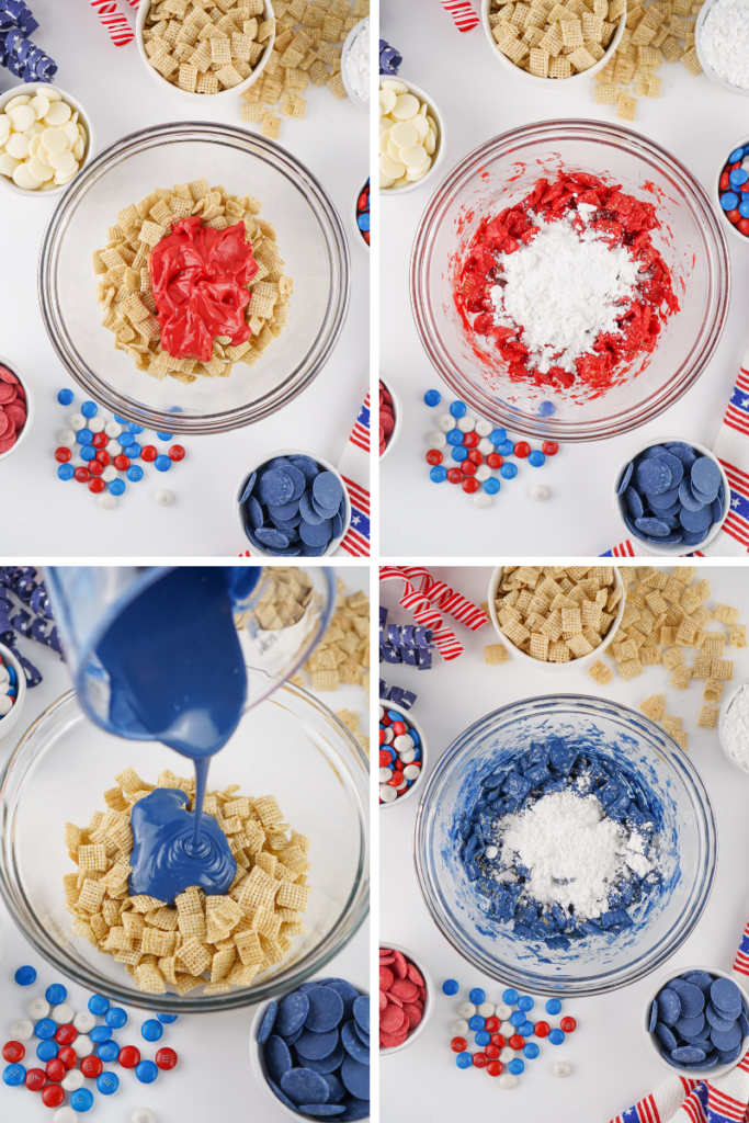 Four panels show a step-by-step process of making a festive 4th of July Puppy Chow snack mix with Chex cereal, red and blue candy melts, white candy coating, powdered sugar, and colorful candies in a bright kitchen setting.