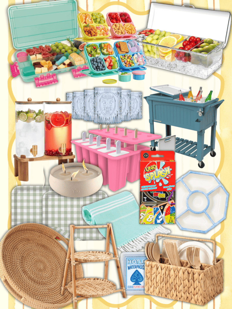 A collage of summer picnic essentials, featuring Kitchen Favorites like coolers with drinks and snacks, fruit trays, drink dispensers, ice pops, a portable bar cart, citronella candle, game cards, towels, baskets, reusable cutlery, and placemats.