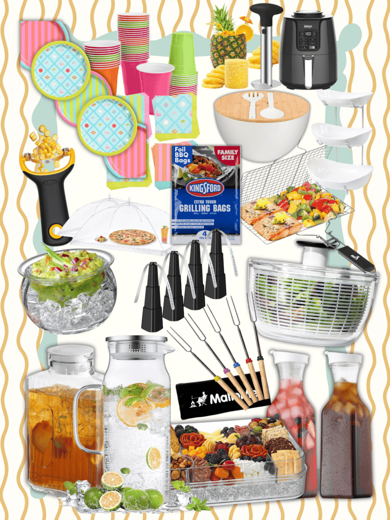 A collage of picnic and grilling items, featuring Kitchen Favorites like colorful cups and plates, a salad bowl, air fryer, ice cream scoop, grilling bags, utensils, salad spinner, pitchers with drinks, a charcuterie board, and barbecue skewers.