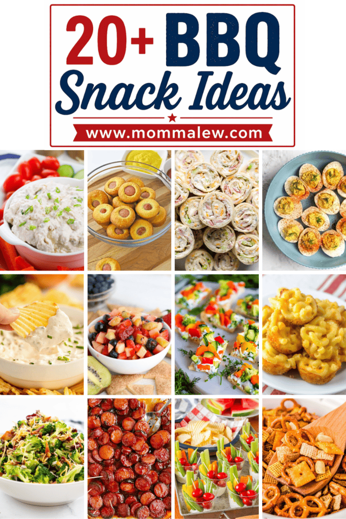 A collage of BBQ Snack Ideas, featuring dips, pinwheels, deviled eggs, fruit, mini hot dogs, mac and cheese bites, salads, sausage bites, veggie skewers, and snack mix sits under a title reading 20+ BBQ Snack Ideas.