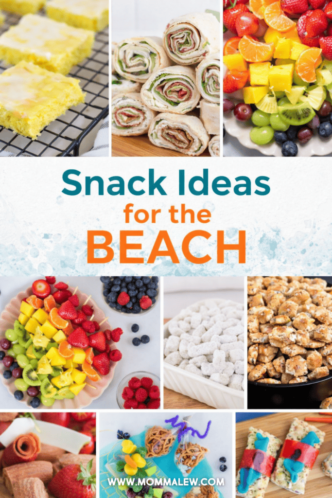 A collage of colorful beach snack ideas, like fruit skewers, pinwheel wraps, lemon bars, cereal snack mix, and powdered sugar treats surrounds the text “Snack Ideas for the Beach” in the center.