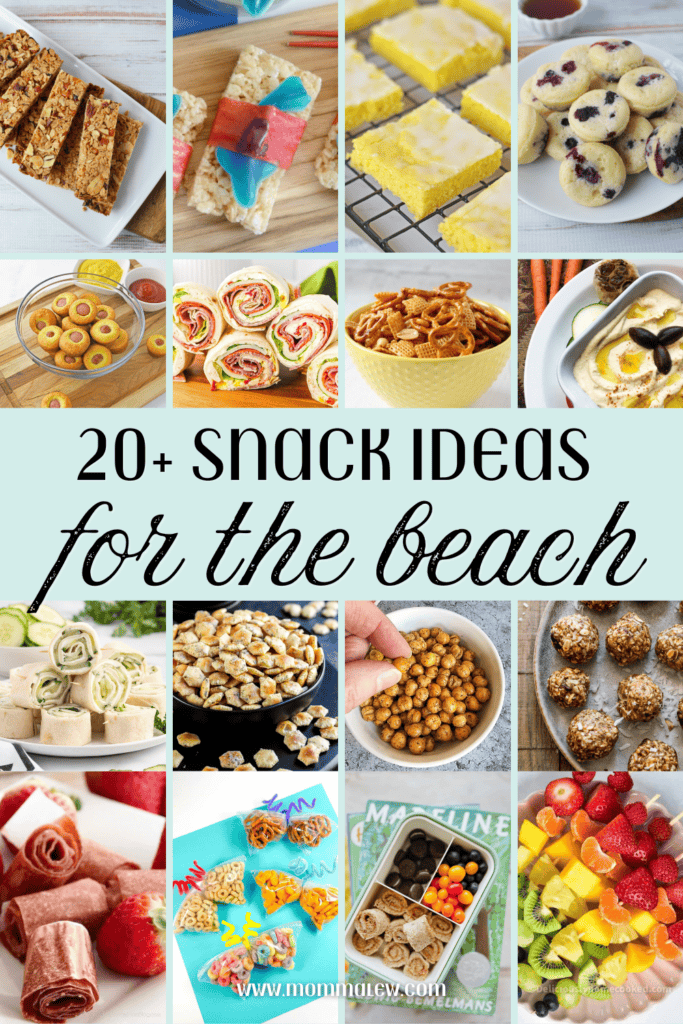 A collage of colorful beach snack ideas, featuring granola bars, rice crispy treats, lemon bars, cookies, fruit skewers, pinwheels, pretzels, and more—complete with text that reads 20+ Snack Ideas for the Beach.
