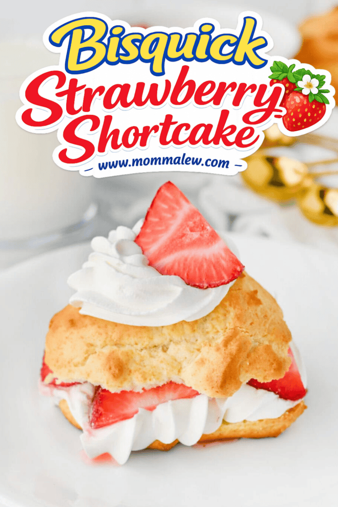 A strawberry shortcake biscuit recipe shines here: a Bisquick biscuit filled and topped with whipped cream and fresh strawberry slices, served on a white plate. In the blurred background are a glass of milk and gold spoons.
