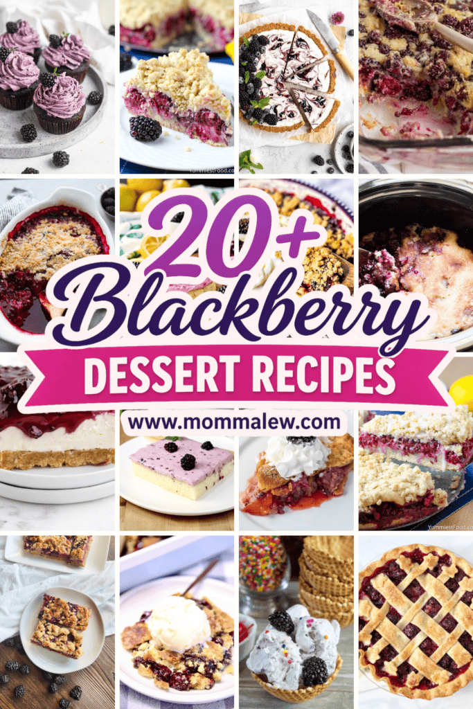 A collage of tempting blackberry dessert recipes—cupcakes, pies, cobblers, bars, and ice cream—with the text 20+ Blackberry Dessert Recipes and www.mommalew.com highlighted in the center.