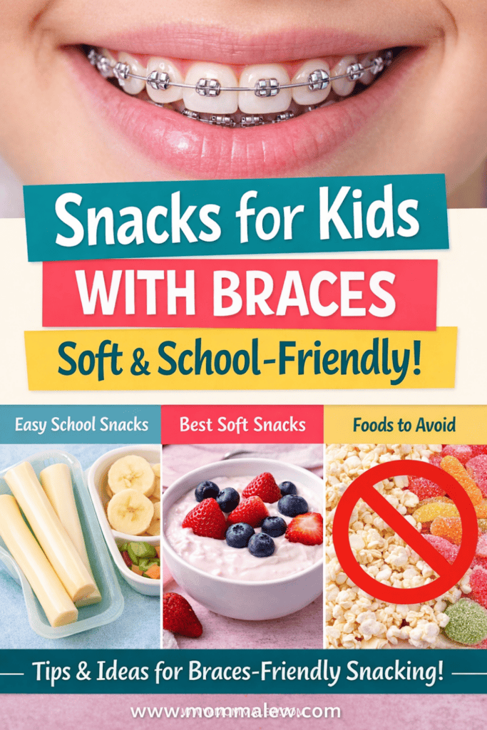 Close-up of a smiling child with braces above a title that reads Snacks for Kids with Braces: Soft & School-Friendly! Images show cheese sticks, yogurt with berries, and a crossed-out bowl of popcorn as examples of safe and unsafe snacks.