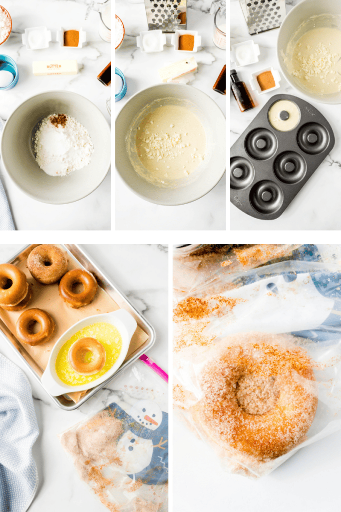 Step-by-step process of making Bisquick donuts: ingredients are mixed in a bowl, batter poured into a donut pan, donuts are baked, dipped in melted butter, and coated with cinnamon-sugar in a plastic bag.