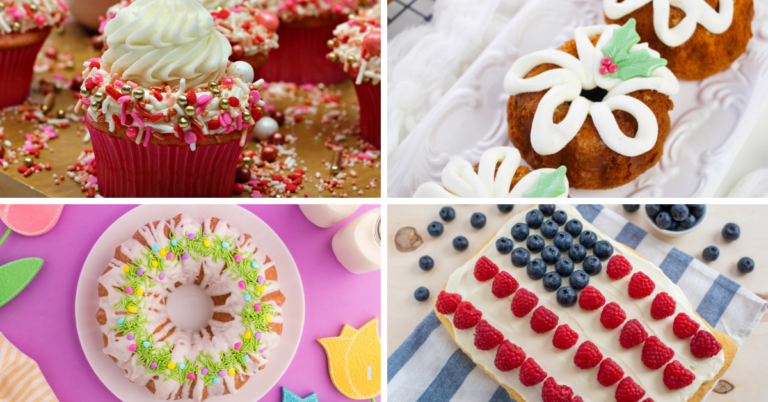 A collage of four festive holiday recipes: pink sprinkled cupcakes, small cakes with white icing and holly decorations, a colorful wreath cake, and a flag-themed sheet cake adorned with berries.
