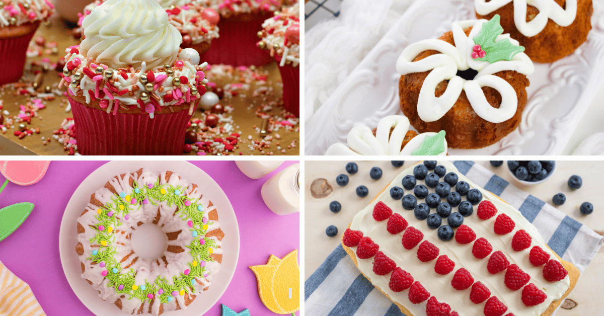 A collage of four festive holiday recipes: pink sprinkled cupcakes, small cakes with white icing and holly decorations, a colorful wreath cake, and a flag-themed sheet cake adorned with berries.