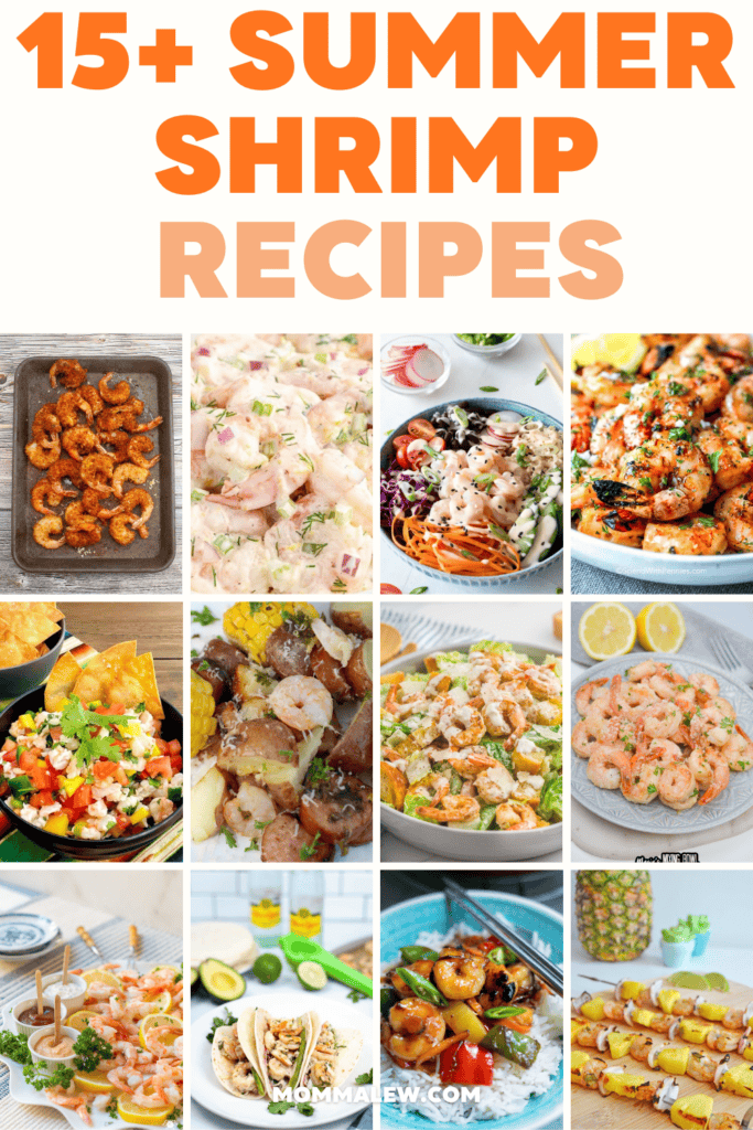 A collage of twelve vibrant plates showcases summer shrimp recipes, with text at the top reading “15+ Summer Shrimp Recipes” in bold orange. Enjoy shrimp salads, skewers, tacos, stir-fries, and more—perfect for sunny days.