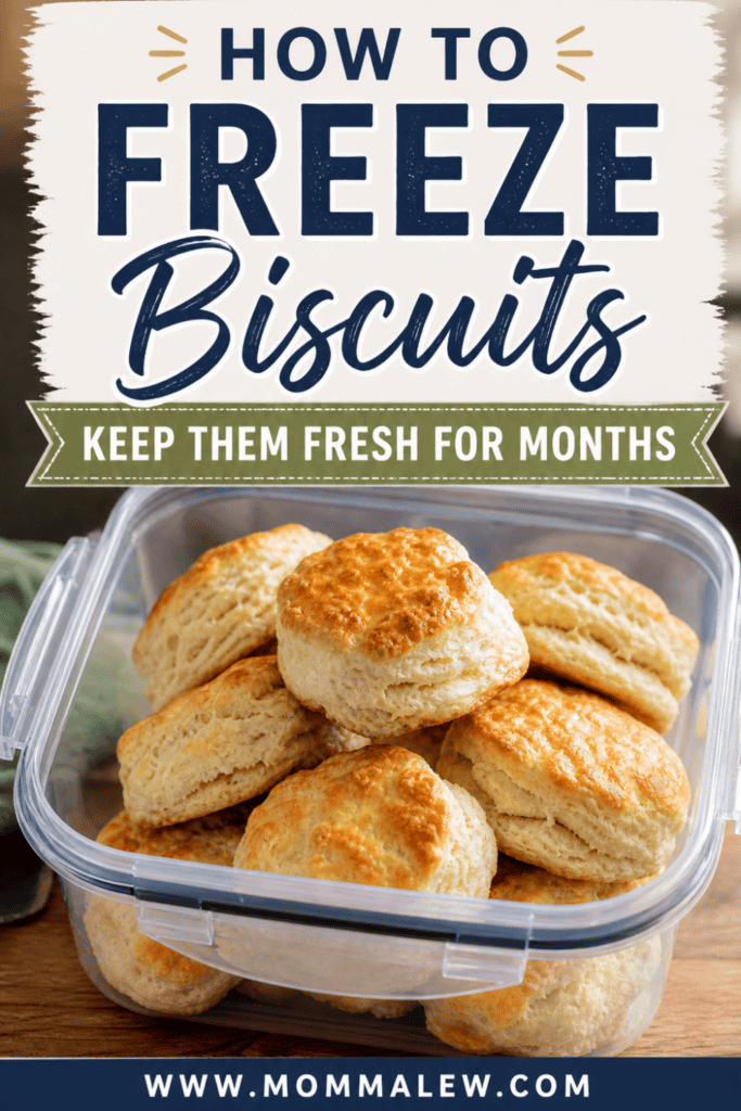 A plastic container filled with golden, freshly baked biscuits sits under the text, How to Freeze Biscuits – keep them fresh for months. The website www.mommalew.com appears at the bottom.