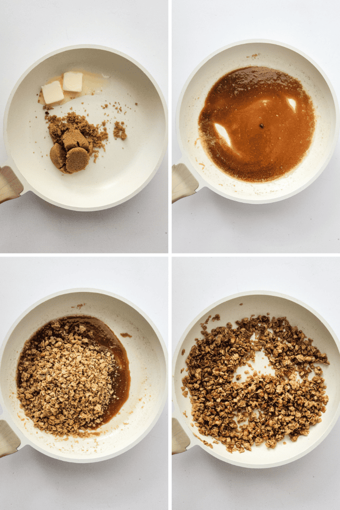 Four-step process in a white skillet: melting butter and brown sugar, mixing to form caramel, adding oats for a Blueberry Crisp with Frozen Blueberries, then stirring until the oats are coated and toasted.