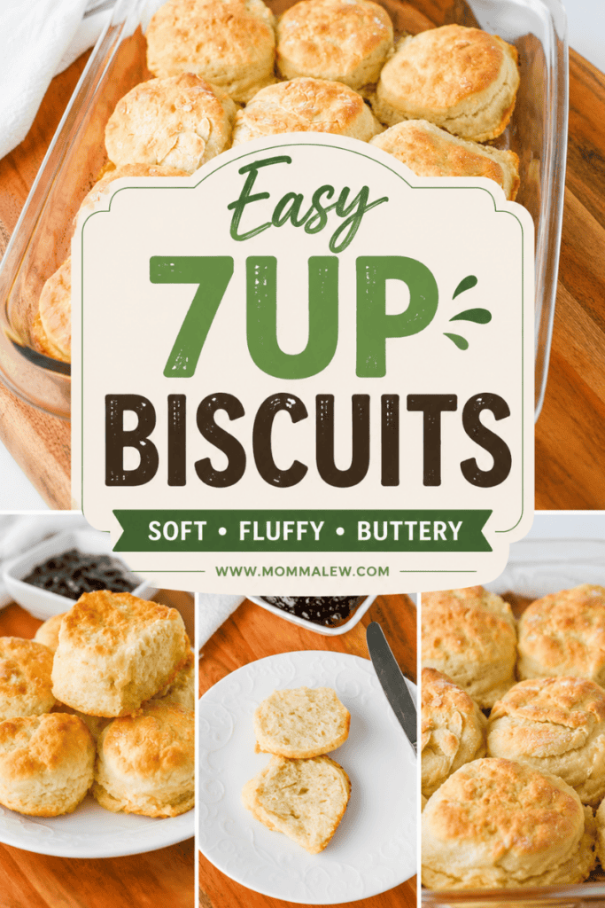 A collage highlights golden, fluffy 7Up Biscuits in a glass baking dish and on plates, with bold text reading “Easy 7Up Biscuits: Soft • Fluffy • Buttery.” Close-ups showcase the irresistible texture of these homemade biscuits.