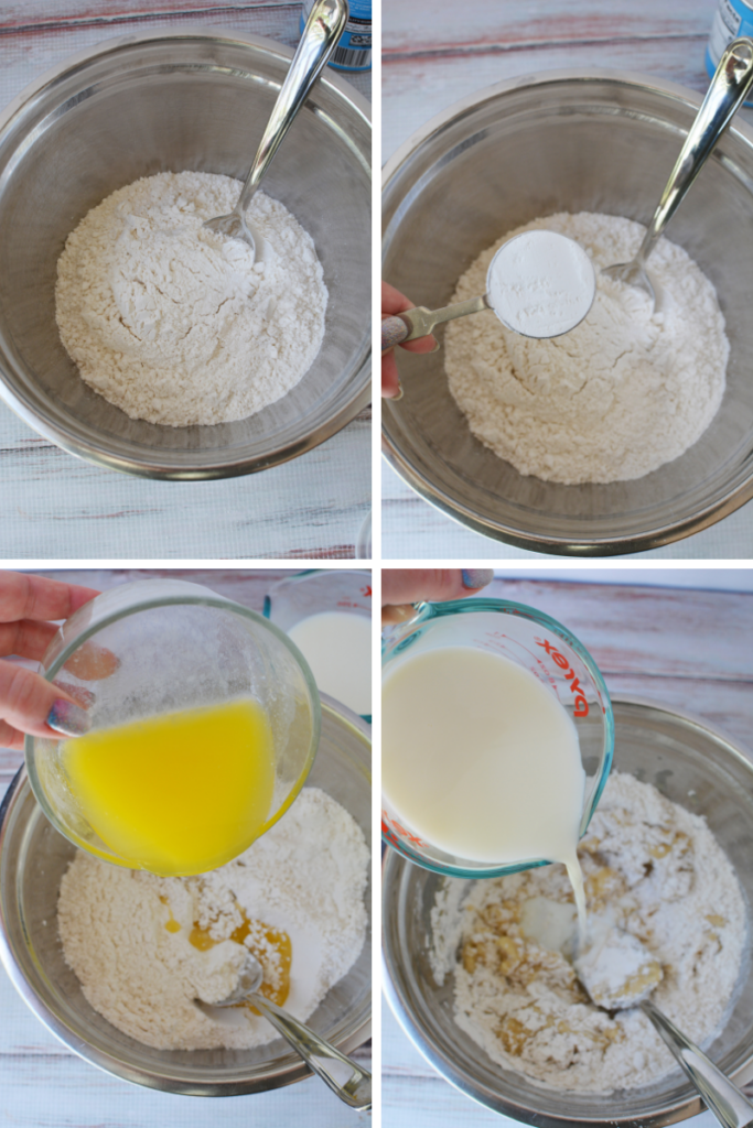 Four-step collage of a Drop Biscuit Recipe: a mixing bowl with flour, adding sugar, pouring in melted butter, and then milk. Each panel features a spoon blending the ingredients for delicious biscuits.