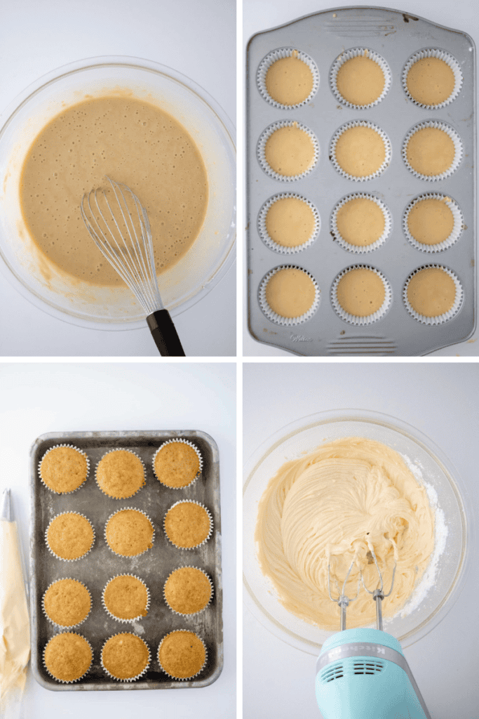 Four images showing Butterbeer Cupcakes preparation: batter in a bowl with a whisk, a muffin tin lined with papers filled with batter, baked cupcakes in liners on a tray, and a bowl of frosting being mixed with a hand mixer.